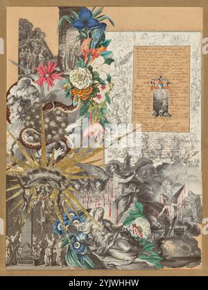 Collage, 1850er-1860er Jahre Zusätzliche Informationen: Der englische Amateur-Künstler John Bingley Garland schuf diese Collage, indem er Drucke und Goldfolienpapier auf einem großen, hellfarbenen Blatt Papier anordnete. Er verschönerte die Collage mit rotem, undurchsichtigem Aquarell, das Bluttropfen nachahmte. Garland arrangierte diese Elemente, um das Layout einer mittelalterlichen beleuchteten Manuskripte nachzuahmen. In der linken oberen Ecke klebte Garland eine Seite aus der Faksimile-Ausgabe des Heiligen Römischen Kaisers, Maximilian I.&#x2019;s Prayer Book (1513–15), die unter anderem ein monströses geflügeltes Wesen und eine Szene des Todesarms enthielt Stockfoto