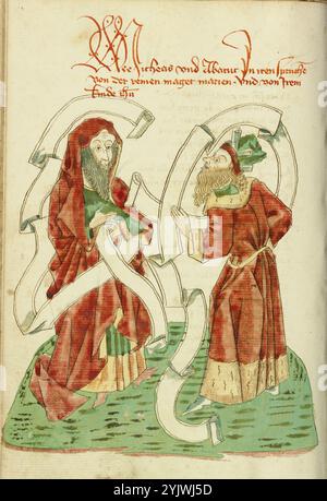 Micah und Habakkuk; Barlaam und Josaphat, 1469. Illustration aus „Barlaam und Josaphat“, einer Romantik in Versen, von Rudolf von Ems. Barlaam und Josaphat, auch bekannt als Bilawhar und Budhasaf, waren christliche Heilige, deren Geschichte auf dem Leben des Gautama Buddha basierte. Der Legende nach verfolgte ein indischer König die christliche Kirche in seinem Reich. Nachdem Astrologen voraussagten, dass sein Sohn eines Tages Christ werden würde, sperrte der König den jungen Prinzen Josaphat ein, der dennoch den Einsiedler Saint Barlaam traf und zum Christentum konvertierte. Nach viel Bedrängnis die Jungen Stockfoto