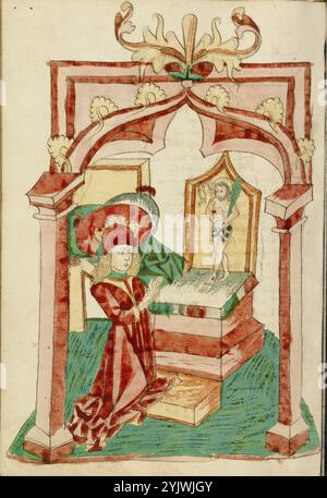 Josaphat kniet vor einem Altar mit dem Schmerzensmann; Barlaam und Josaphat, 1469. Illustration aus „Barlaam und Josaphat“, einer Romantik in Versen, von Rudolf von Ems. Barlaam und Josaphat, auch bekannt als Bilawhar und Budhasaf, waren christliche Heilige, deren Geschichte auf dem Leben des Gautama Buddha basierte. Der Legende nach verfolgte ein indischer König die christliche Kirche in seinem Reich. Nachdem Astrologen voraussagten, dass sein Sohn eines Tages Christ werden würde, sperrte der König den jungen Prinzen Josaphat ein, der dennoch den Einsiedler Saint Barlaam traf und zum Christiani konvertierte Stockfoto