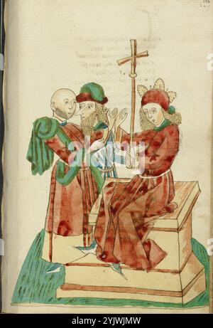 Theodas und ein weiterer Mann vor dem thronenden Josaphat; Barlaam und Josaphat, 1469. Illustration aus „Barlaam und Josaphat“, einer Romantik in Versen, von Rudolf von Ems. Barlaam und Josaphat, auch bekannt als Bilawhar und Budhasaf, waren christliche Heilige, deren Geschichte auf dem Leben des Gautama Buddha basierte. Der Legende nach verfolgte ein indischer König die christliche Kirche in seinem Reich. Nachdem Astrologen voraussagten, dass sein Sohn eines Tages Christ werden würde, sperrte der König den jungen Prinzen Josaphat ein, der dennoch den Einsiedler Saint Barlaam traf und zum Christentum konvertierte Stockfoto