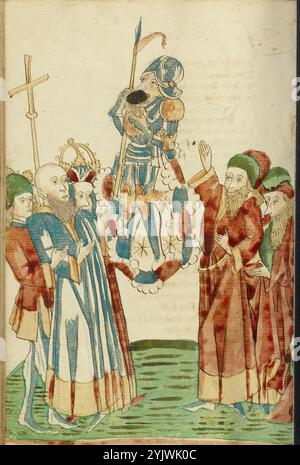 König Avenir, Josaphat und die heidnischen Gelehrten siehe die Personifikation des Mars; Barlaam und Josaphat, 1469. Illustration aus „Barlaam und Josaphat“, einer Romantik in Versen, von Rudolf von Ems. Barlaam und Josaphat, auch bekannt als Bilawhar und Budhasaf, waren christliche Heilige, deren Geschichte auf dem Leben des Gautama Buddha basierte. Der Legende nach verfolgte ein indischer König die christliche Kirche in seinem Reich. Nachdem Astrologen voraussagten, dass sein Sohn eines Tages Christ werden würde, sperrte der König den jungen Prinzen Josaphat ein, der dennoch den Einsiedler Saint Barlaam und traf Stockfoto