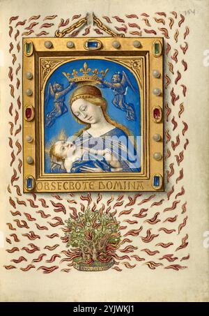 Die Madonna des brennenden Busches; Buch der Stunden, um 1480-1490. Zusätzliche Informationen: In diesem Stundenbuch steht ein Bild der Madonna und des Kindes vor einem Gebet, das häufig in Stundenbüchern zu finden ist. An die Jungfrau gerichtet, beginnt es mit Obsecro te Domina (ich bitte Sie, Dame). Der goldene Rahmen des Bildes dient als Unterstützung für den Anfang des Textes. Georges Trubert stellte den mit Juwelen verkrusteten Rahmen als dreidimensionales Objekt dar, das einen Schatten auf die Seite wirft, während die Kette, an der sie hängt, durch zwei Schlitze verläuft, die scheinbar in die Oberfläche der Seite geschnitten sind, ein herausragendes Beispiel für Trompe Stockfoto