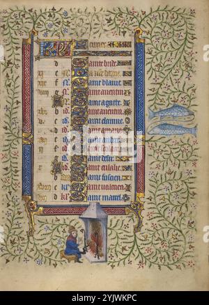 Kalenderseite für Februar: Warmhalten: Pisces; Buch der Stunden, um 1410. Ein Nachfolger des Egerton-Meisters. Stockfoto