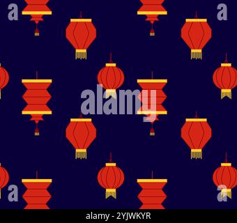 Happy Chinese New Year Hintergrundvektor. Nahtloses Muster, goldene Hängeleuchten. Vektorgrafik Moderne orientalische Luxuxillustration für Abdeckung, banne Stock Vektor