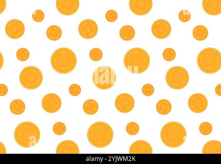 Nahtloses Muster chinesischer Goldmünzen auf transparentem Hintergrund, Vektor-Illustration. Flache Grafik. Konzept für Urlaubsdekor. Stock Vektor