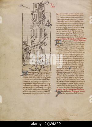 Das Gebäude des Turms von Babel; Histoire ancienne jusqu'&#xe0; C&#xe9;sar, um 1390-1400. Zusätzliche Informationen: Diese Miniatur zeigt, wie die um 1400 lebenden Menschen den Turm von Babel mit Seilrollen, Seilwinden und Handarbeit gebaut haben könnten. Wie in Genesis, dem ersten Buch der Bibel, erwähnt, wollten die Babylonier einen Turm „mit seiner Spitze im Himmel“ bauen. Unzufrieden mit dem arroganten Projekt verhinderte Gott dessen Vollendung, indem er den Bauherren eine Vielzahl von Sprachen gab, damit sie nicht miteinander kommunizieren konnten. Ein Prophet, der links in Blättervorhänge gehüllt ist Stockfoto