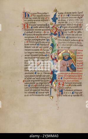 Initial T: Bust Portrait of a man; Compendium moralium notabilium, Anfang des 15. Jahrhunderts. Stockfoto