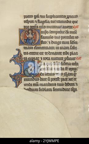 Initial O: Christus thronte mit erhobenen Händen: Initial D: Ein halbniedergewordener Mann im Gebet; Bute Psalter, Text und Beleuchtung um 1285. Stockfoto