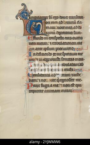 Initial V: Ein sitzender Mann mit einer Rolle; Bute Psalter, Text und Beleuchtung um 1285. Stockfoto