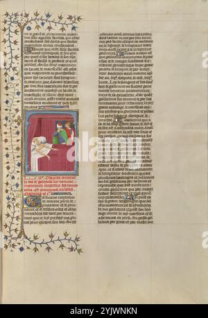 Die Fäulnis des Fleisches des sterbenden Kaisers Galerius; des cas des Nobles hommes et femmes, um 1413–1415. Weitere Informationen: Zwei Diener des römischen Kaisers Galerius bedecken ihren Mund vor dem Gestank seines faulen Fleisches. Der Kaiser liegt auf seinem Sterbebett und leidet an einer schrecklichen Krankheit, die angeblich dazu führte, dass seine Eingeweide in seinem Körper verfallen und Würmer aus Mund, Ohren und Nase kamen. Für die Menschen im Mittelalter wurde Krankheit oft als Folge der Sünde gesehen, und Galerius Krankheit wurde als Strafe für die Verfolgung von Christen interpretiert. Nach Angaben von Boccaccio Stockfoto