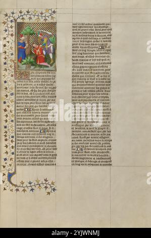 Der Kopf des Marcus zeigte Caius Marius und die Ermordung Marius; des cas des Nobles hommes et femmes, um 1413–1415. Caius Marius, dessen Truppen vor kurzem während des römischen Bürgerkriegs besiegt worden waren, verzweifelt, als er den enthaupteten Kopf seines Bruders sieht. Caius Marius war nach dem Bürgerkrieg ins Exil gegangen, und der rachsüchtige General, der ihn besiegt hatte, befahl, seinen Bruder Marcus zu bestrafen. Marcus wurde gezerrt und geblendet, ihm wurden die Hände abgeschnitten, seine Beine gebrochen und schließlich der Kopf abgeschnitten. Als Caius Marius den abgetrennten Kopf seines Bruders erhielt, verlor er alle Hoffnung, dass er und seine Fraktion ihn besaßen Stockfoto