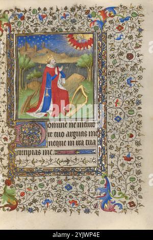 David im Gebet; Buch der Stunden, um 1415-1420. König David kniet vor Gott, seine Harfe auf dem Boden vor ihm. Stockfoto