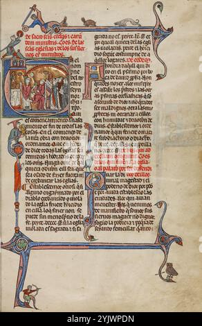 Initial E: Ein Priester feiert die Messe; Vidal Bürgermeister, um 1290–1310. Zusätzliche Informationen: Als eine der kleineren Initialen, die diesen Text des Gesetzbuches von König Jakob für Aragon schmücken, öffnet der Buchstabe E den Abschnitt der Gesetze, die Kirchen und Priester betreffen. Eine Kirche, deren Backsteinmauer auf eleganten Säulen gestützt ist, füllt die kreisförmige Form des E . Ein Priester feiert die Messe am Altar vor den versammelten Mönchen, erkennbar an ihren Tonerungen, den charakteristischen, rasierten Kreisen auf den Köpfen. Jeder in seine eigene Welt vertieft, singen Mönche aus dem Musikbuch, das auf einem Rednerpult liegt Stockfoto