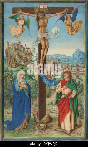 Miniatur, möglicherweise aus einem Manuskript, viertes Viertel des 15. Jahrhunderts. Zusätzliche Informationen: Diese Miniatur war wahrscheinlich Teil eines Misshals, einer Manuskripte, die während der katholischen Messe gelesen wurde. Möglicherweise beleuchtet in Nürnberg im späten 15. Jahrhundert, zeigt diese Szene die Kreuzigung Christi. Der tote Christus, sein Körper ausgemergelt und sein Gesicht grün gefärbt, hängt an einem monumentalen Kreuz auf dem Kalvaria. Engel an seinen Handgelenken und Füßen fangen sein Blut in goldenen Kelchen ein. Unten senkt die traurige Mutter Jesu den Kopf, schließt ihre Augen und kreuzt ihre Hände über ihren Busen, eine stoische Gestalt von großem Graben Stockfoto