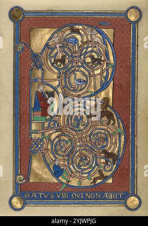 Initial B: David spielt die Harfe; Bute Psalter, (Ersatzblatt, Ende des 19. Jahrhunderts?). Stockfoto