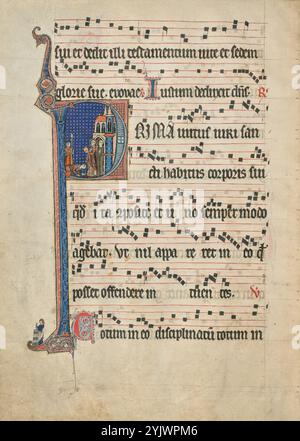 Initial P: Saint Bernard zeigt den Host für Wilhelm von Aquitanien; Antiphonal, um 1260–1270. Stockfoto