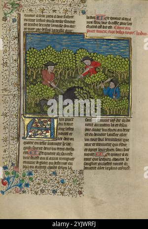 Bogenschützen schießen auf ein Wildschwein; Livre de la Chasse, ca. 1430–1440. Männer jagen mit Bogen und Pfeil und Armbrust. Stockfoto