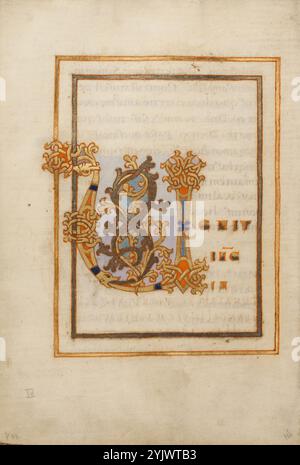 Dekoriertes Initial V; Evangeliumslexikon, Ende des 10. Jahrhunderts. Zusätzliche Informationen: Dieses reich verzierte Initial V, das sowohl raffinierte Pflanzenformen als auch komplizierte Knotenarbeiten enthält, stellt die Lesung für das fest des Heiligen Petrus am 29. Juni vor. Als Schüler Christi und Schutzpatron des Papsttums zählt Peter zu den wichtigsten Heiligen des westlichen Christentums. Im Text weist Christus Petri auf die zukünftige Rolle als Führer der Kirche hin, indem er verkündet: „Auf diesem Felsen werde ich meine Kirche bauen“. Silber und Gold, die die Seite dominieren, werden durch Orangennoten und ein zartes Lavendelfeld ausgeglichen Stockfoto