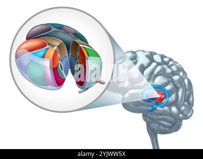 Thalamus-Hirnanatomie-Konzept als Teil des Zwischenhirns in Verbindung mit sensorischen und motorischen Signalen im Nervensystem mit mehreren Kernen oder Neuronen Stockfoto