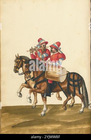 Ein Schlagzeuger und ein Flötenspieler zu Pferd, ca. 1560-1570. Zusätzliche Informationen:Turnierbuch. Stockfoto