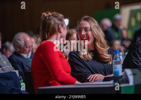 Bundesparteitag der Grünen in Wiesbaden 15.11.24, Wiesbaden: Bundesparteitag der Grünen in Wiesbaden Terry Reintke, Mitglied des Europäischen Parlaments im Gespräch mit der Bundestagsabgeordneten Katharina Dröge während des Grünen Parteitags in Wiesbaden. In diesem Jahr versammelt sich Bündnis 90/die Grünen zur 50. Bundesdelegiertenkonferenz im RheinMain Kongresszentrum Wiesbaden. Vom 15. bis 17. November werden hier zentrale politische Weichenstellungen für die Zukunft diskutiert und beschlossen. Bild wurde vom Fotografen in schwarz-weiß konvertiert Wiesbaden Hessen Deutschland *** Bundesrepublik Deutschland Stockfoto