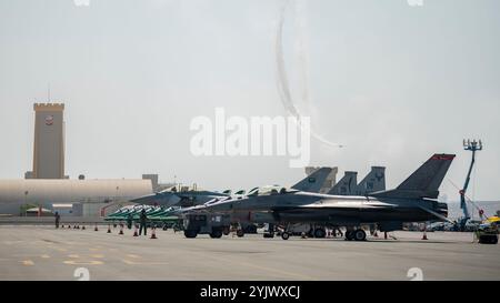 Flugzeuge der U.S. Air Force, Pakistan Air Force, Royal Saudi Air Force und des Saudi Hawks Aerobatic Teams stehen auf einer Fluglinie, während ein Global Stars Extra 330SC Stuntflugzeug während der Bahrain International Airshow am 14. November 2024 eine Kunstflugdemonstration durchführt. Die Airshow ist eine der bekanntesten Luftfahrt- und Raumfahrtausstellungen in der Region, auf denen die durch regionale Zusammenarbeit gegründete Koalitionsluftkraft gezeigt wird. (Foto der U.S. Air Force von Tech. Sgt. Peter Reft) Stockfoto