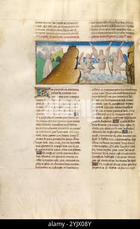 Scylla und Sirenen; Miroir Historial, um 1475. Zusätzliche Informationen: Drei Sirenen am Strand spielen betörende Musik, um die Seeleute an die Küste zu locken. Halb Frau, halb Vogel, die Sirenen wurden normalerweise als Musiktrio dargestellt, dessen süßes, fesselndes Lied die Seeleute in den Tod trieb. In Homers Odyssey&lt;/em&gt; ließ Odysseus seine Crew ihre Ohren stopfen, um sicher an den bezaubernden Sirenen vorbeizufahren. Links von den Sirenen in diesem Bild streift das abscheuliche Monster Scylla die Küste. Nach der griechischen Mythologie hatte die Zauberin Circe in eifersüchtiger Weise über einen Meeresgott den geworfen Stockfoto