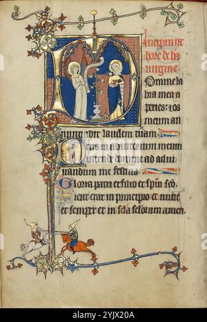 Initial D: Die Verkündigung; Initial D: Ein junger Mann, der zu Christus in den Wolken betet; Ruskin Hours, um 1300. Zusätzliche Informationen: Im ersten D, das den Dienst Matins in den Stunden der Jungfrau eröffnet, kündigt der Engel Gabriel der Jungfrau an, dass sie den Sohn Gottes empfangen wird. Auf der Lockenrolle von Gabriel sind die Worte aus Lukas Evangelium, Ave maria gratia plena dominus tecum (Heil Maria, voller Gnade, der Herr sei mit dir). Zwischen ihnen steht eine stilisierte Lilie in einem Topf, ein Symbol für Marias Reinheit. Ein Mann im Gebet erscheint in einem zweiten beleuchteten Initial D. unten Stockfoto