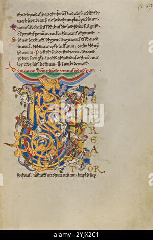 Initial V: Die Herabkunft des Heiligen Geistes; Breviary, 1153. Zusätzliche Informationen: Der Heilige Geist in Form einer Taube steigt vom Himmelsbogen in ein beleuchtetes Initial V ab. Die Initiale führt das Lied ein, das am Pfingstsonntag bei Vespers (dem Abendgebetsgottesdienst) gesungen wurde. Pfingsten gedenkt an die Herabkunft des Heiligen Geistes auf die Jünger, die nach dem Tod, der Auferstehung und der Himmelfahrt Christi stattfand, und markiert den Beginn der Sendung der christlichen Kirche in die Welt. Die rasende Aktivität innerhalb des Initials ist besonders passend für Pfingsttage, wie sie in der Bibel beschrieben wird Stockfoto