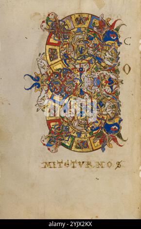 Bewohnte Initial C; Breviary, 1153. Zusätzliche Informationen: In diesem Breviar aus dem Kloster Montecassino öffnet sich das Gebetskomitetur nos quesumus d[omi]ne [sieh nach uns, wir beten, o Herr] mit einem ausgeklügelten Buchstaben C, der einem abgerundeten E oder einer Figur acht ähnelt. Der Brief besteht aus Blöcken, die mit Interlace gefüllt sind, und enthält wirbelnde Ranken, die ihre Grenzen zu brechen drohen. In den beiden Mittelpunkten der Figur Acht drehen und winden sich fantastische Hunde zwischen den Reben. Auf der rechten Seite markieren große blaue Tierköpfe mit offenen Mündern die Klemmen des Buchstabens. In der Mitte, ein monströses Kreat Stockfoto