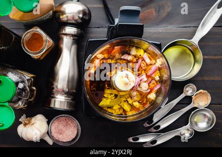 Unvermischte Vinaigrette-Zutaten in einer Mini-Zubereitung: Dressing auf Olivenöl- und Essigbasis in einer kleinen Küchenmaschine, umgeben von anderen Zutaten Stockfoto