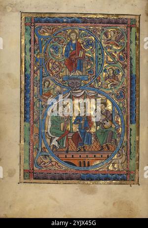 Initial B: Christ in Majesty und David mit Musikern; Psalter, um 1240–1250. Das Buch der Psalmen beginnt mit den Worten Beatus vir (glücklich ist der Mann). Um den Anfang des Textes der Psalmen in Manuskripten zu markieren, wird oft eine ganze Seite dem ersten B aus diesem Vers gewidmet, fast immer reich beleuchtet. In diesem Psalm sitzt König David, der die Psalmen geschrieben haben soll, im unteren Lobe des Initials B. der Künstler stellt David in seiner Rolle als Komponist der Psalmen vor, unterstützt von zwei Musikern, einer mit Harfe, der andere mit einer Leier. David thront auf dem Thron Stockfoto