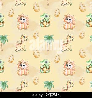 Nahtloses Muster mit süßen Dinosauriern, Palmen und Eiern in Aquarellen Stockfoto