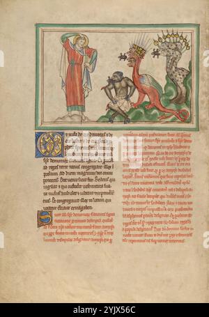 Unreine Geister, die aus den Mündern des Drachen, des Biestes und des falschen Propheten hervorgehen; Dyson Perrins Apokalypse, um 1255–1260. In der Apokalypse, seiner Vision vom Ende der Zeit, beschrieb Johannes der Evangelist, wie sieben Engel die letzten sieben Plagen in Gefäßen, die als „Zorn Gottes“ identifiziert wurden, auf die Erde brachten. Diese Miniatur zeigt das Ergebnis der Freigabe des Inhalts des sechsten Gefäßes. Die Darstellung des großen roten Drachen und des leopardartigen Tieres basiert auf den im Text enthaltenen Details. Der Künstler repräsentiert den falschen Propheten, dessen physisches Aussehen Stockfoto