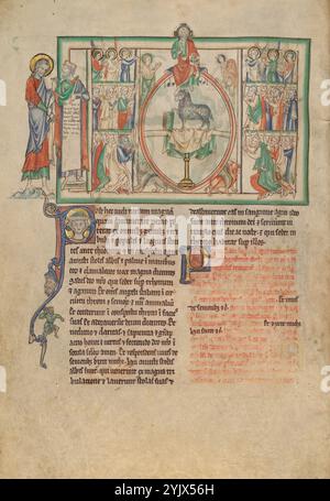 Die Anbetung des Herrn und des Lammes durch die Auserwählten; Dyson Perrins Apokalypse, um 1255–1260. Zusätzliche Informationen: In seiner Vision sieht der Heilige Johannes Engel, Märtyrer mit Palmen und die vier Lebewesen, die alle dem Lamm huldigen. Hier steht das Lamm auf einem Altar, während der Herr darüber sitzt auf der Mandorla, die das Lamm umgibt. Links zeigt einer der 24 Ältesten auf die Worte in einer Schriftrolle, die sein Gespräch mit John aufzeichnet. Stockfoto