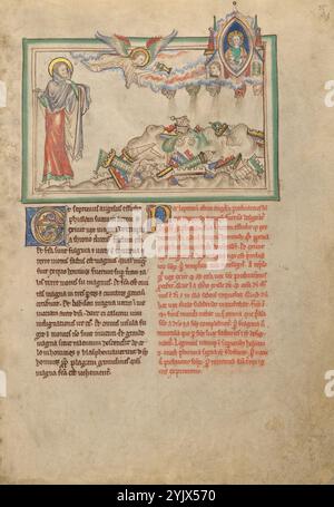 Der Engel, der aus dem siebten Schiff herausströmt; Dyson Perrins Apocalypse, um 1255–1260. In der Apokalypse beschrieb Johannes der Evangelist die Ereignisse, die stattfinden werden, wenn das siebte und letzte Gefäß des „Zornes Gottes“ auf die Erde ausgegossen wird. Der Inhalt verursacht "Blitze, Stimmen und Donner, und ... ein großes Erdbeben." Auf der linken Seite kehrt der Heilige Johannes gerade rechtzeitig zurück, um die Zerstörung zu sehen, die durch die Freilassung des Schiffes verursacht wurde. Der Künstler hat nicht nur die im Text beschriebenen visuellen Bilder dargestellt, sondern auch den Donner als RO dargestellt Stockfoto