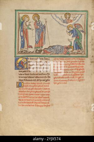 Der Heilige Johannes betet zum Engel; Dyson Perrins Apocalypse, um 1255–1260. Zusätzliche Info: Der heilige Johannes erscheint zweimal in dieser Miniatur, einmal links, hört zu, während ein Engel ihn dazu drängt, auf eine leere Schriftrolle zu schreiben, und wieder rechts, zu den Füßen eines zweiten Engels. Der Engel rechts ermahnt Johannes, sich zu den Füßen zu erheben, zieht ihn mit einer Hand hoch und zeigt mit der anderen auf Christus. Und [ein Engel] sagte zu mir: "Schreibe: Gesegnet sind diejenigen, die zum Hochzeitsmahl des Lammes berufen sind." Und er sagte zu mir: "Diese Worte Gottes sind wahr." Und ich Stockfoto