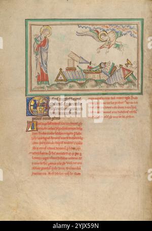 Der zweite Engel und Babylon wurden zerstört, um 1255 bis 1260. Weitere Informationen: Ein Engel zeigt die Ruinen der großen Stadt der Sünde, Babylon, dem erschreckten Heiligen Johannes. Rechts von den gefallenen Gebäuden trinkt ein Mann den "Wein des Zorns" aus einem Kelch. Die Themen der Miniatur werden noch verstärkt: Ein Mann im ersten E unten nimmt ein kräftiges, gesundes Getränk aus einem Kürbis, während ein anderer ein Horn aus den Türmen einer blühenden Stadt ertönt. Und ein anderer Engel folgte und sprach: "Das große Babel ist gefallen, der alle Völker tränkte von dem Wein des Zornes ihrer Hurerei. Stockfoto