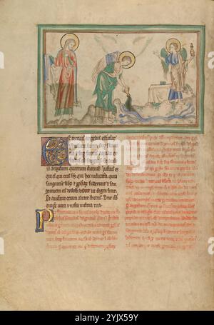 Das dritte Schiff: Die Flüsse wenden sich zu Blut; Dyson Perrins Apocalypse, um 1255–1260. Weitere Informationen: Zwei der im Text erwähnten Engel erscheinen im Bild, einer gießt das Schiff in die Flüsse und der andere steht vor einem Altar und zeigt auf den Heiligen Johannes, der ganz links steht. Der dritte Engel goss sein Gefäß aus über die Flüsse und die Wasserbrunnen, und es wurde Blut gemacht. Und ich hörte den vierten Engel sagen: "Du bist gerecht, wer bist, wer war, der Heilige, denn du hast diese Dinge geurteilt... und ich hörte einen anderen vom Altar sagen: Stockfoto
