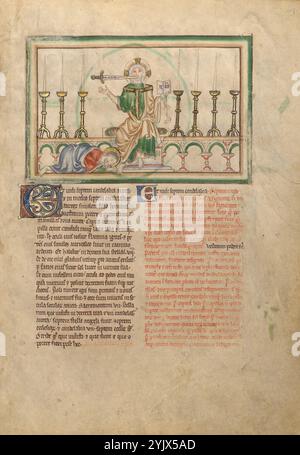 The Vision of Candles; Dyson Perrins Apocalypse, um 1255–1260. Zusätzliche Informationen: Nachdem der Engel ihn angewiesen hat, aufzuzeichnen, was er sieht, hat John seine erste Vision: Ich drehte mich um, um die Stimme zu sehen, die mit mir sprach. Und als ich mich umdrehte, sah ich sieben goldene Kerzenhalter. Und inmitten der sieben goldenen Leuchter, einer wie der Menschensohn. . . . Aus seinem Mund kam ein scharfes zweischneidiges Schwert. . . . Als ich ihn gesehen hatte, fiel ich ihm zu Füßen wie tot. (Apokalypse 1:12-17) der Menschensohn, der von Johannes beschrieben wird, wird gewöhnlich als Jesus repräsentiert. Hier erscheint Jesus mit dem Schwert, das aus seinem hervortritt Stockfoto