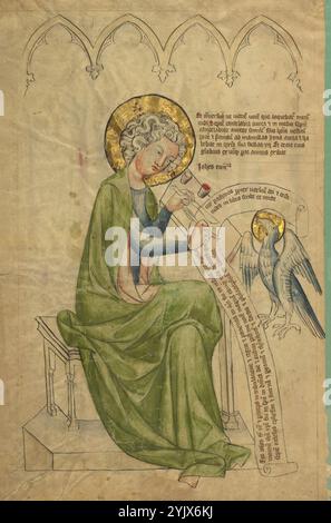 Johannes der Evangelist schreibt, um 1340-1350. Zusätzliche Informationen: In diesem Bild ist der Heilige Johannes abgebildet, der seine göttlichen Visionen vom Ende der Welt treu transkribiert. Er sitzt im Kreuz und schreibt das Buch der Offenbarungen mit seiner Feder, seinem Messer und zwei Tintenfesseln auf dem Schreibtisch neben ihm. Johannes scheint von dem Adler, seinem evangelistischen Symbol, inspiriert zu sein, der ihm gegenübersteht und seinen Blick fängt. Durch die Aufnahme seiner mystischen Inspiration authentifiziert John sie und bewahrt sie für zukünftige Leser auf. Der Künstler zeigt den Heiligen Johannes als eine prächtige Figur, die seine Schriften hervorhebt Stockfoto