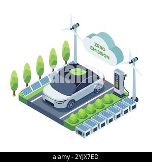 Isometrisches Elektrofahrzeug zur Förderung von Null-Emissionen mit dem grünen Blatt-Symbol. Emissionsfreies Fahrzeug- und Elektrofahrzeug-Konzept Stock Vektor