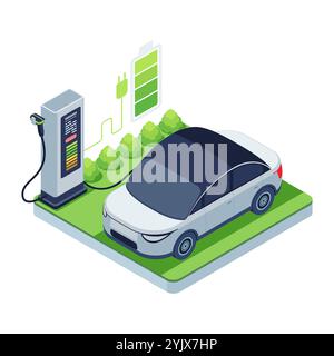 Isometrisches Aufladen eines Elektrofahrzeugs an einer Station mit einem Batteriesymbol, das den Ladefortschritt anzeigt. Konzept Der Elektrofahrzeugtechnik Stock Vektor