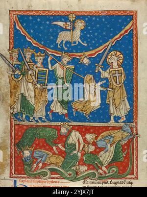 Das Lamb besiegt die zehn Könige, etwa 1220-1235. Zusätzliche Informationen: Diese Miniatur war einst Teil einer aufwendig illustrierten Handschrift, die einen Kommentar von Beatus von LiéBana zu dem höchst rätselhaften Text der Bibel über das Ende der Welt enthielt. Der ursprünglich illustrierte Teil der Apokalypse beschreibt eine Vision einer großen Schlacht zwischen dem Lamm Gottes und zehn Königen, die die zehn Hörner des Tieres verkörpern, auf dem die Harlot von Babylon reitet. Im oberen Register enthauptet das Lamm jeden König, während er sich nähert, während im unteren Fach eine sich windende Schlange beginnt Stockfoto