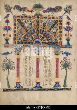 Canon Table Page; Zeyt'un Gospels, 1256. Zusätzliche Informationen: Auf dieser üppig bemalten Tischseite mit Kanon, die von T'oros Roslin beleuchtet wird, befinden sich in der Architektur Zahlensäulen, die die Passagen anzeigen, die zwei Evangelien gemeinsam haben. In der linken Spalte sind die Passagen, die Matthäus und Lukas gemeinsam sind, und in der rechten Spalte die Passagen, die Matthäus und Markus gemeinsam sind. An den Seiten balancieren Vögel auf den obersten Ästen der Granatapfelbäume, um an den Kapitellen zu picken. Über ihnen sprießen fantastische Sträucher, gekrönt von symmetrisch positionierten Vögeln, aus Pflanzgefäßen. Auf der rechteckigen Struktur ziehen Hähne ihre langen Hälse aus. Stockfoto