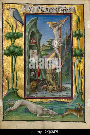 St. Jerome in der Wüste; Gualenghi-d'Este Stunden, um 1469. Zusätzliche Informationen: Der Buße-Heilige Jerome, der sich in die Wüste zurückzog, kniet am Fuße eines Skulpturenbildes von Christus am Kreuz. Obwohl der Betrachter verstehen soll, dass Jerome vor einem Skulpturenkreuz betet, scheint Jerome auch an der eigentlichen Kreuzigung anwesend zu sein. In seiner Höhle liegt ein Löwe, das Attribut des heiligen. Drei Bücher stehen in den Regalen, die auf die wissenschaftlichen Bemühungen des Heiligen Jerome verweisen. Stockfoto