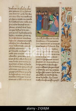 Tondal scheint tot zu sein; Les Visions du chevalier Tondal, 1475. Zusätzliche Informationen:Zitattext: Tondal fiel tot... ohne weitere Bewegung von Fuß oder Hand. Alle Anzeichen eines toten Mannes zeigten sich auf ihm: Seine Augen rollten, seine Nase wurde eingeklemmt, seine Lippen wurden dünn, sein Kinn versetzte sich, und seine Arme und Beine wurden steif. Anhand lebendiger Details aus dem Text, der Tondals Aussehen beschreibt, stellte der Künstler ihn in einem toten Schwachen auf dem Boden dar. Um ihn herum schweben die verblüfften Zuschauer; zwei Frauen fassen ihre Hände und verbeugen sich ihm traurig zu. Laut der Geschichte, weil Tondals Leiche Stockfoto