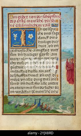 Grenze zur Schöpfung von Vögeln und Fischen; Gebetsbuch von Kardinal Albrecht von Brandenburg, um 1525–1530. Zusätzliche Informationen: Diese geschichtliche Grenze, die zeigt, wie Gott Vögel und Fische schuf, erweitert das Thema Schöpfung in der gegenüberliegenden Miniatur. Die Vielfalt der Vögel am Ende der Seite und das wirbelnde Wasser, aus dem die Fische hervorgehen, sind besonders reizvoll. Der Text ist ein Gebet, das der Erschaffung der ersten Menschen und ihrem Fall von der Gnade gewidmet ist. Stockfoto