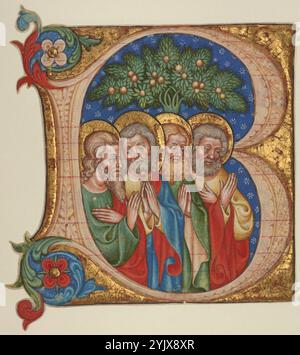 Initial B: Four Saints, ca. 1450. Ich schneide aus einem Chorbuch. Zusätzliche Informationen: Ein Hauch frommer Reflexion durchdringt die vier Heiligen in dieser Initiale. Der Olivetan-Meister behandelt diese vier Figuren sowohl als eng zusammengesetzte Gruppe als auch als Individuen. Sie sind durch formale Rhythmen und Echos miteinander verbunden. So haben die beiden Figuren am Ende die Arme gekreuzt und voluminöse Ärmel, während die beiden Innenfiguren ihre Hände in Gebetsgesten haben und auch entlang der rechten Schulter fast identische Konturen aufweisen. Obwohl die Drapierung in gewissem Sinne als ein conti gelesen werden könnte Stockfoto