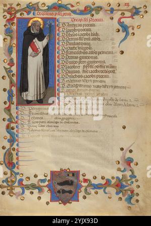 St. Dominic, ca. 1386. Blatt aus einem Register der Schuhmachergilde, um 1386. Weitere Informationen: Dieses Blatt trägt die Namen aller Mitglieder der Schuhmacherzunft in der Nachbarschaft San Procolo in Bologna auf, dem Gebiet, in dem der Künstler des Blattes lebte. Unten auf der Seite steht das Wappen der Gilde mit einem Lederschneidewerkzeug, einem Schuh und einer Sandale. Oben links zeigt der Künstler eine massive, imposante Figur des Heiligen Dominikus. Die starke Präsenz von Dominic setzt sein empfindliches, ausdrucksstarkes Gesicht und die zarte Art und Weise, in der er einen Haufen Lilien hält. Dominic W Stockfoto